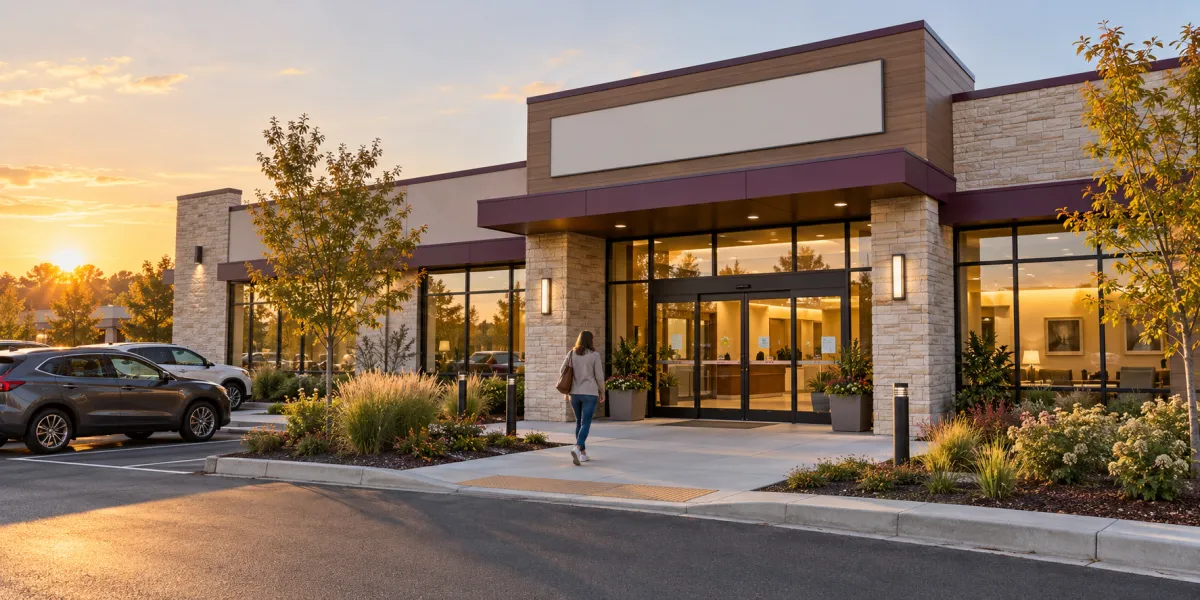 Modern neighborhood urgent care clinic building at golden hour